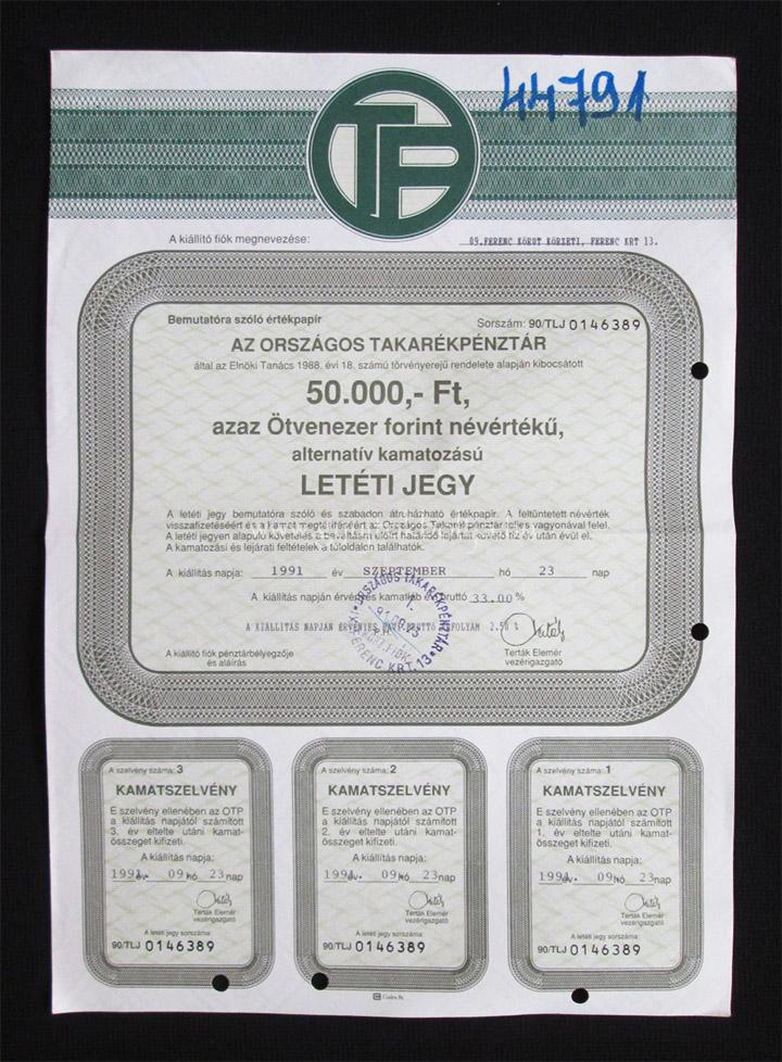 Orszgos Takarkpnztr (OTP) letti jegy 50000 forint 1991